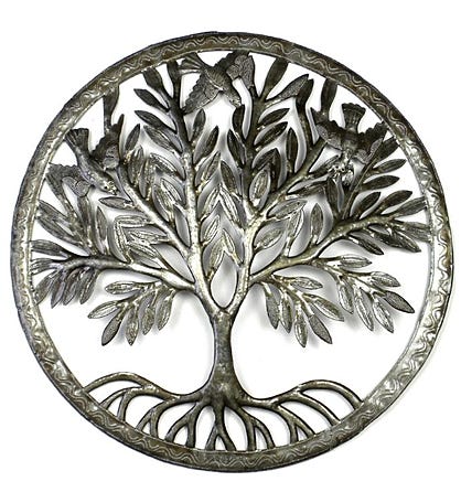 Recycled Steel Haitian Metal Art Rooted Tree Of Life With Birds, 23"